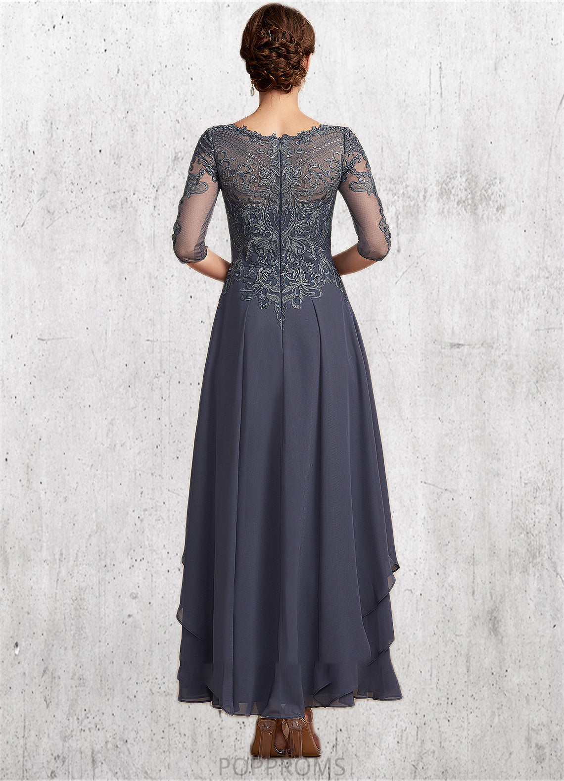 Saniya A-Line Scoop Neck Ankle-Length Chiffon Lace Mother of the Bride Dress With Cascading Ruffles PP6126P0014698