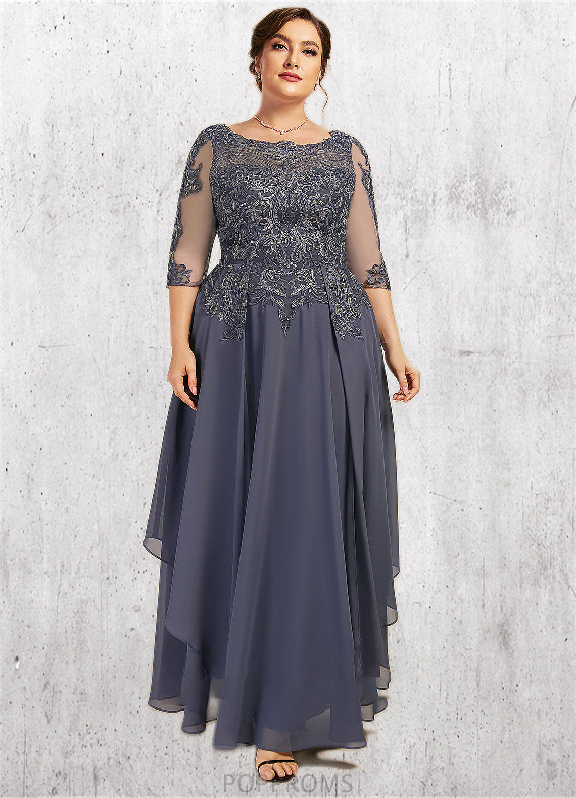 Saniya A-Line Scoop Neck Ankle-Length Chiffon Lace Mother of the Bride Dress With Cascading Ruffles PP6126P0014698