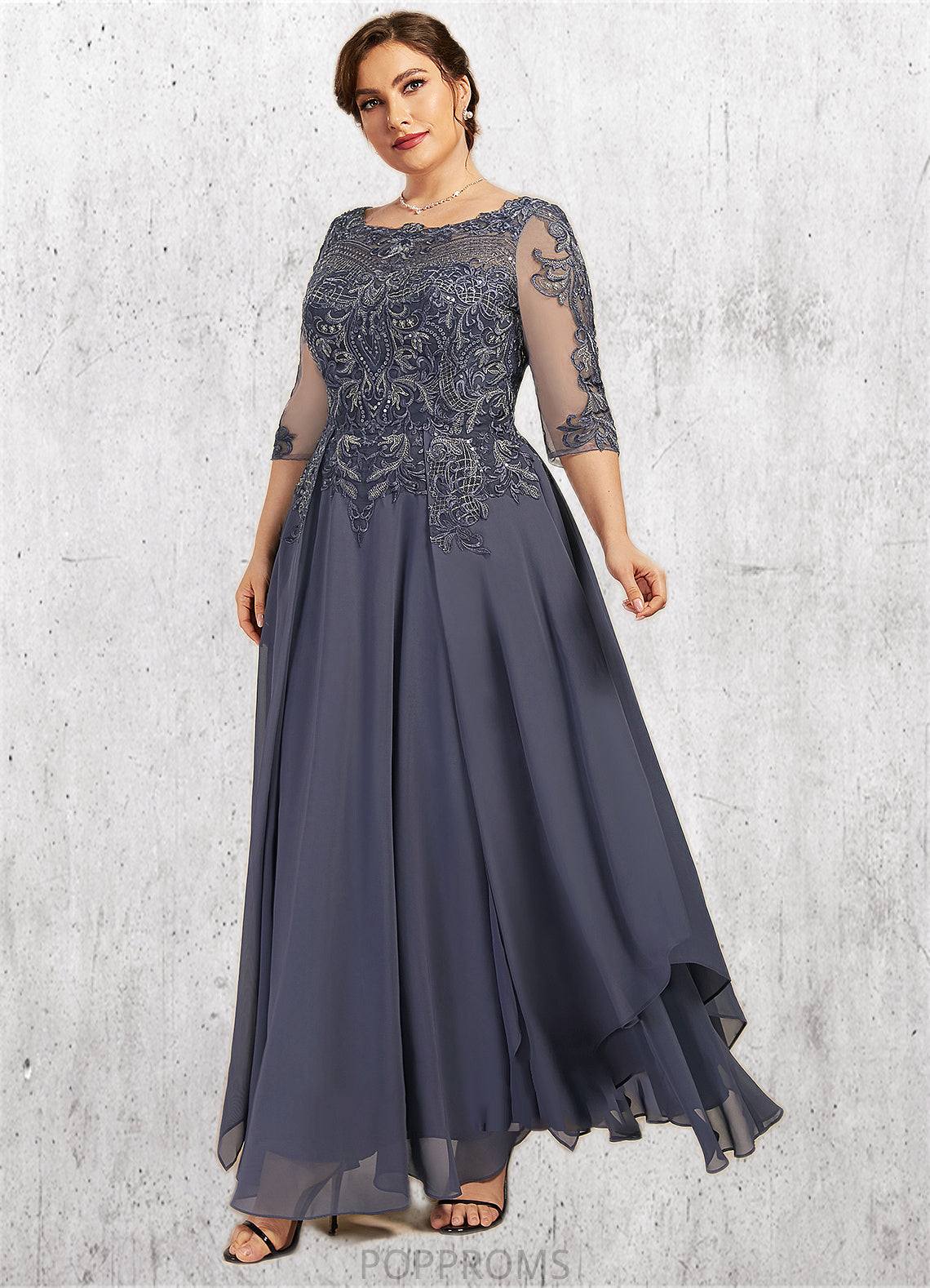 Saniya A-Line Scoop Neck Ankle-Length Chiffon Lace Mother of the Bride Dress With Cascading Ruffles PP6126P0014698