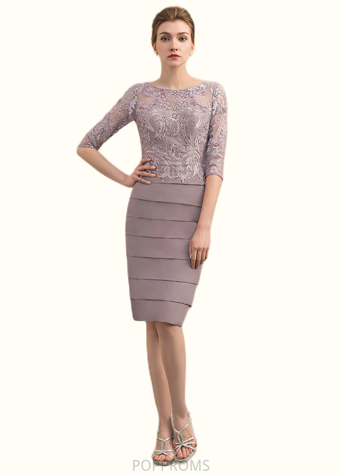 Journey Sheath/Column Scoop Neck Knee-Length Chiffon Lace Mother of the Bride Dress With Beading Sequins PP6126P0014699