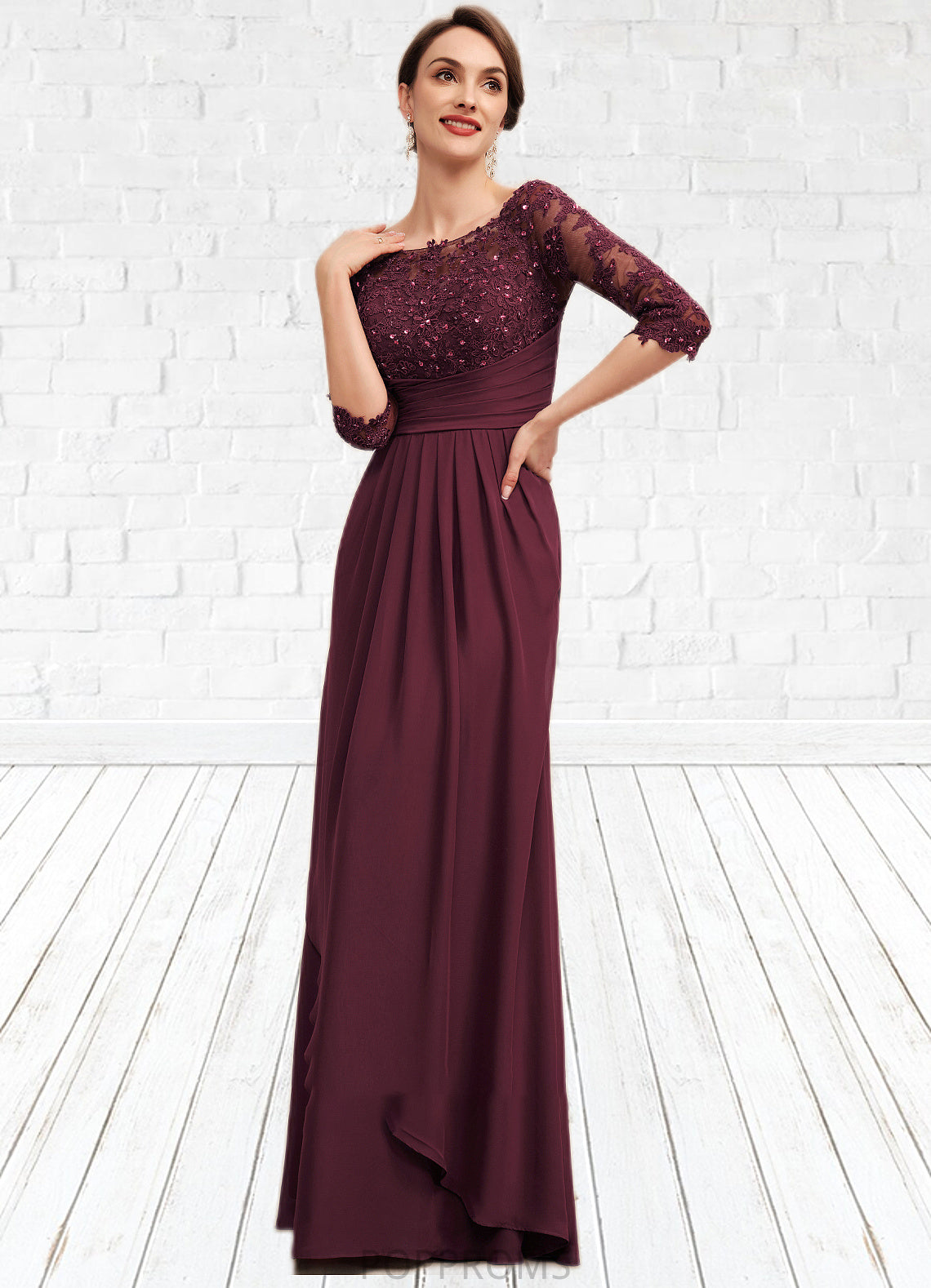 Clara A-Line Off-the-Shoulder Floor-Length Chiffon Lace Mother of the Bride Dress With Beading Sequins Cascading Ruffles PP6126P0014700