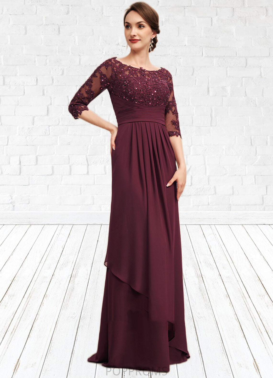 Clara A-Line Off-the-Shoulder Floor-Length Chiffon Lace Mother of the Bride Dress With Beading Sequins Cascading Ruffles PP6126P0014700