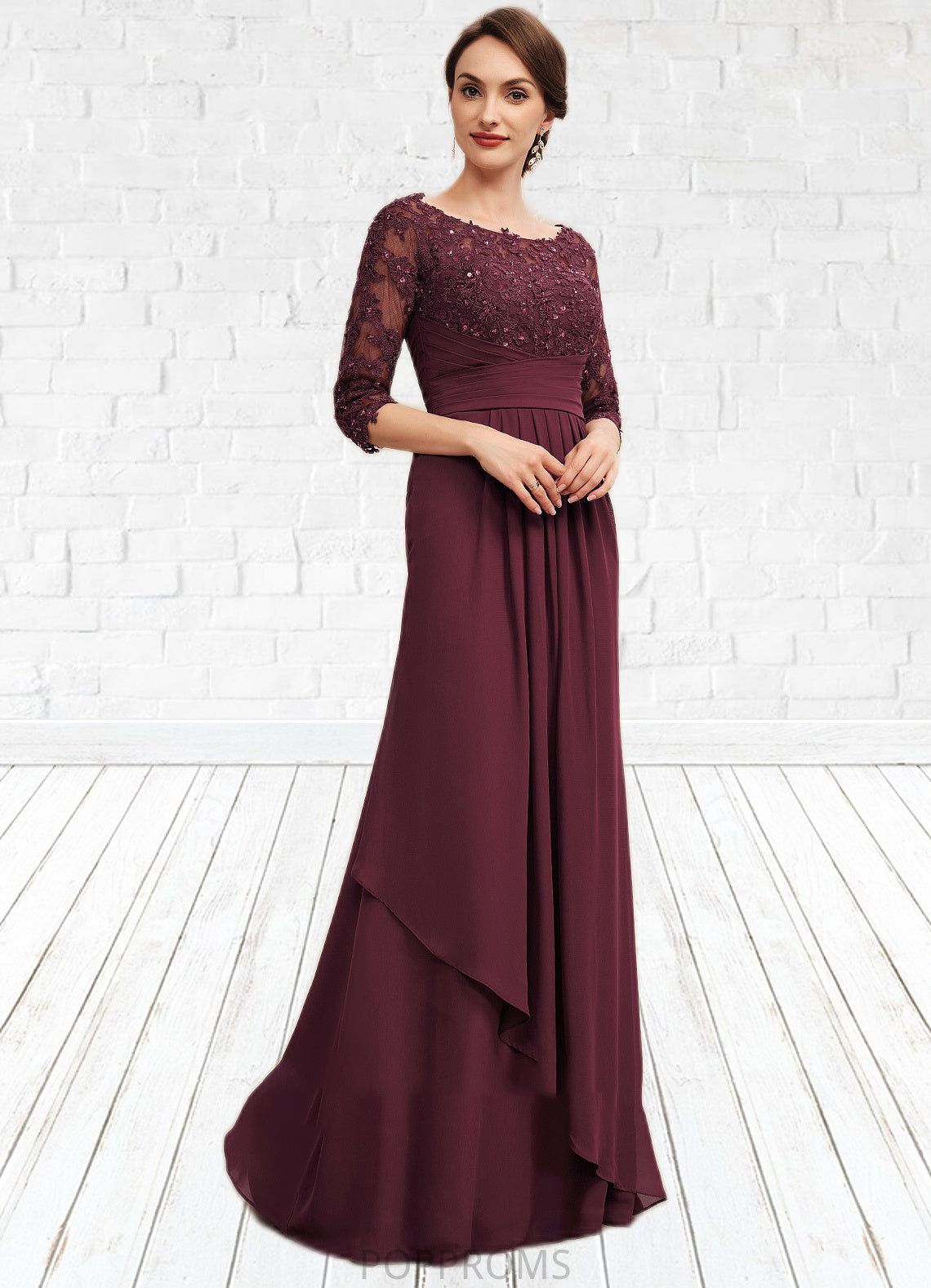 Clara A-Line Off-the-Shoulder Floor-Length Chiffon Lace Mother of the Bride Dress With Beading Sequins Cascading Ruffles PP6126P0014700