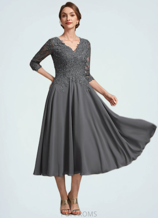 Jaslyn A-line V-Neck Tea-Length Chiffon Lace Mother of the Bride Dress With Beading Sequins PP6126P0014702