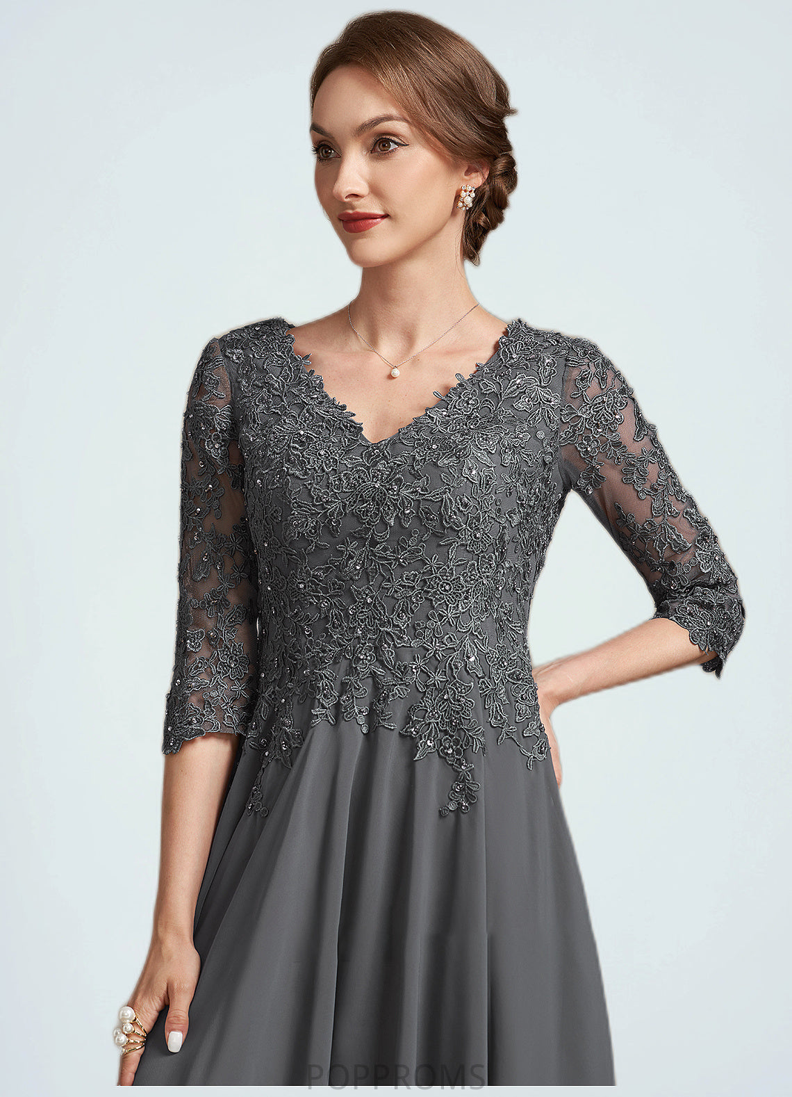 Jaslyn A-line V-Neck Tea-Length Chiffon Lace Mother of the Bride Dress With Beading Sequins PP6126P0014702