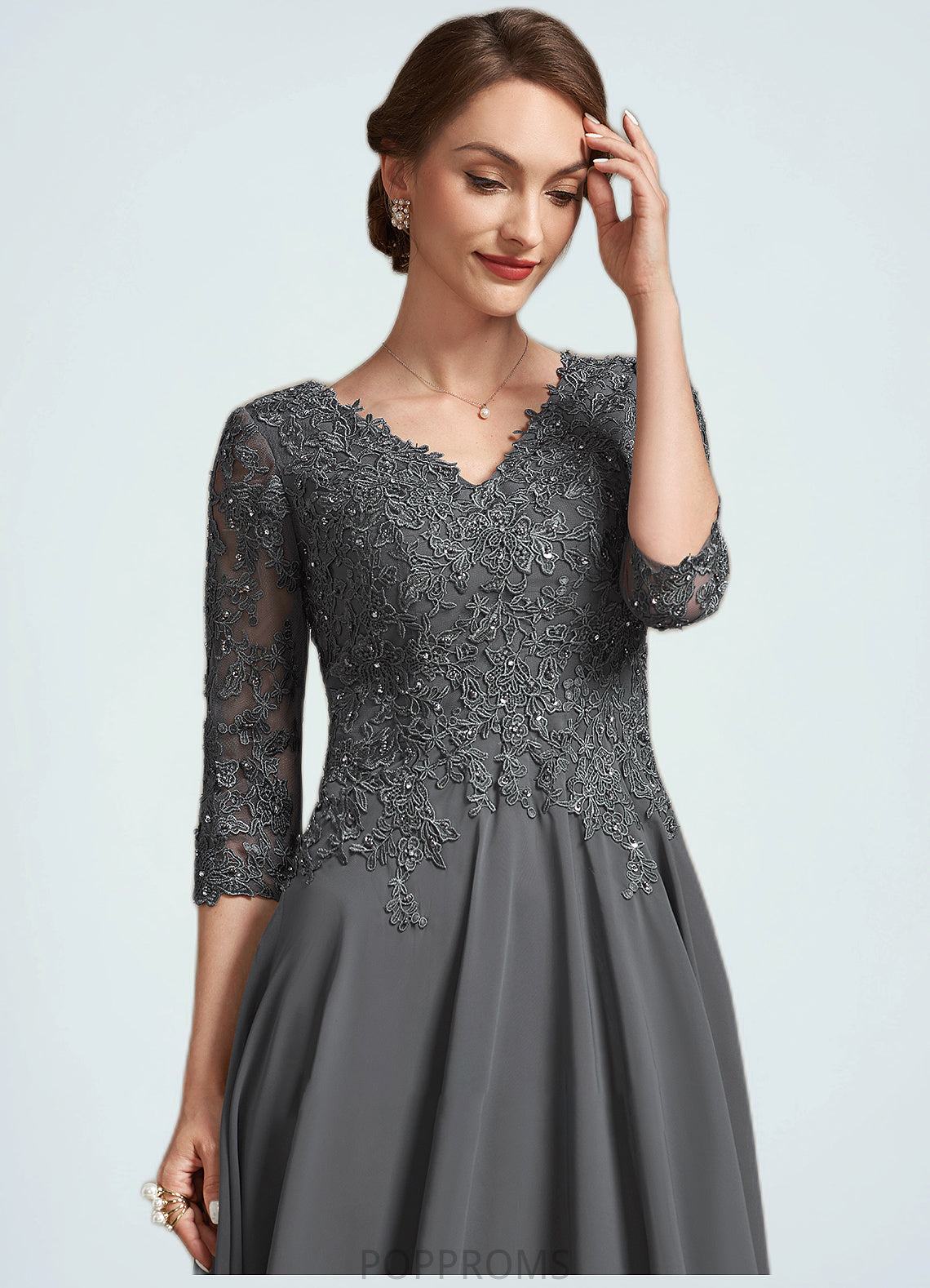 Jaslyn A-line V-Neck Tea-Length Chiffon Lace Mother of the Bride Dress With Beading Sequins PP6126P0014702