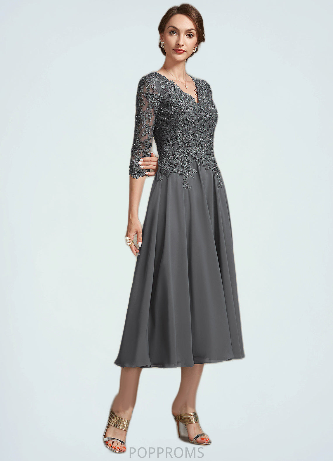 Jaslyn A-line V-Neck Tea-Length Chiffon Lace Mother of the Bride Dress With Beading Sequins PP6126P0014702