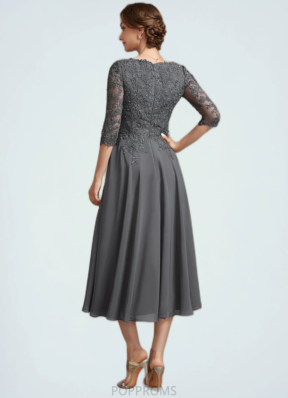 Jaslyn A-line V-Neck Tea-Length Chiffon Lace Mother of the Bride Dress With Beading Sequins PP6126P0014702