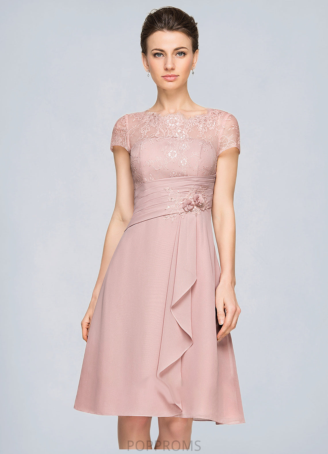 Kamari A-Line Scoop Neck Knee-Length Chiffon Lace Mother of the Bride Dress With Beading Flower(s) Sequins Cascading Ruffles PP6126P0014704