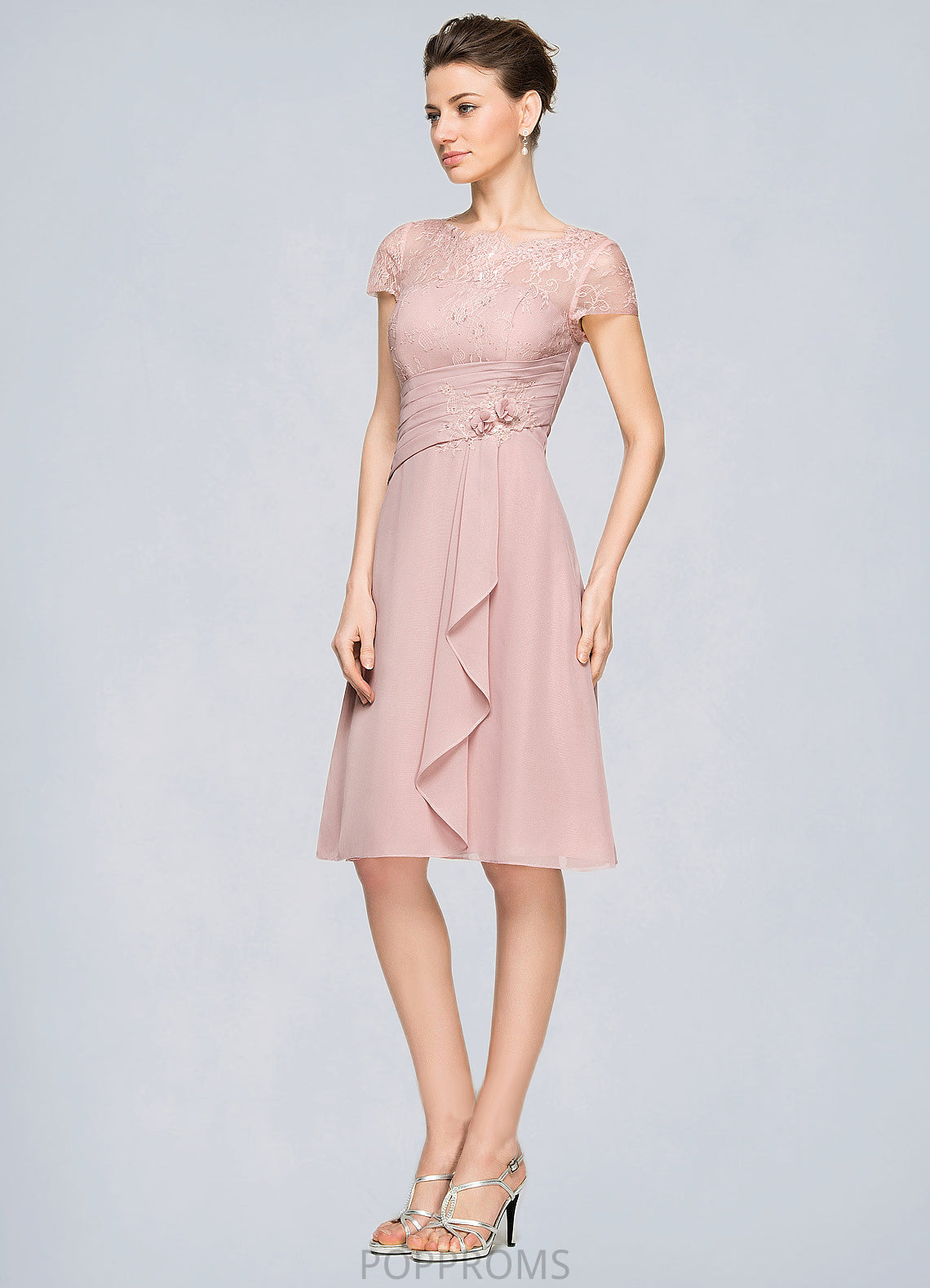 Kamari A-Line Scoop Neck Knee-Length Chiffon Lace Mother of the Bride Dress With Beading Flower(s) Sequins Cascading Ruffles PP6126P0014704