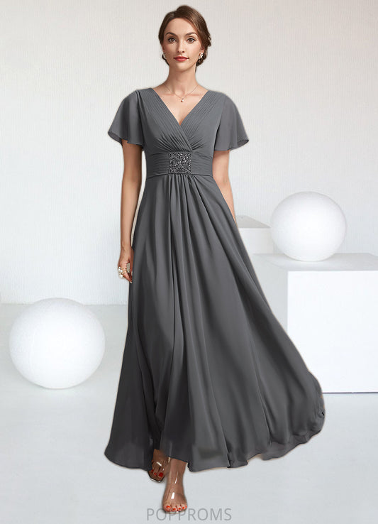 Adelaide A-Line V-neck Ankle-Length Chiffon Mother of the Bride Dress With Ruffle Beading PP6126P0014709