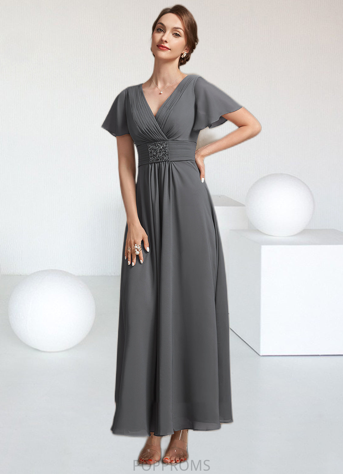 Adelaide A-Line V-neck Ankle-Length Chiffon Mother of the Bride Dress With Ruffle Beading PP6126P0014709