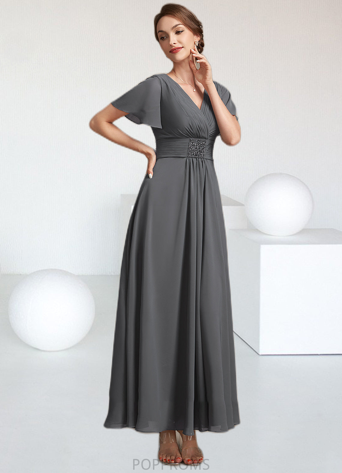 Adelaide A-Line V-neck Ankle-Length Chiffon Mother of the Bride Dress With Ruffle Beading PP6126P0014709