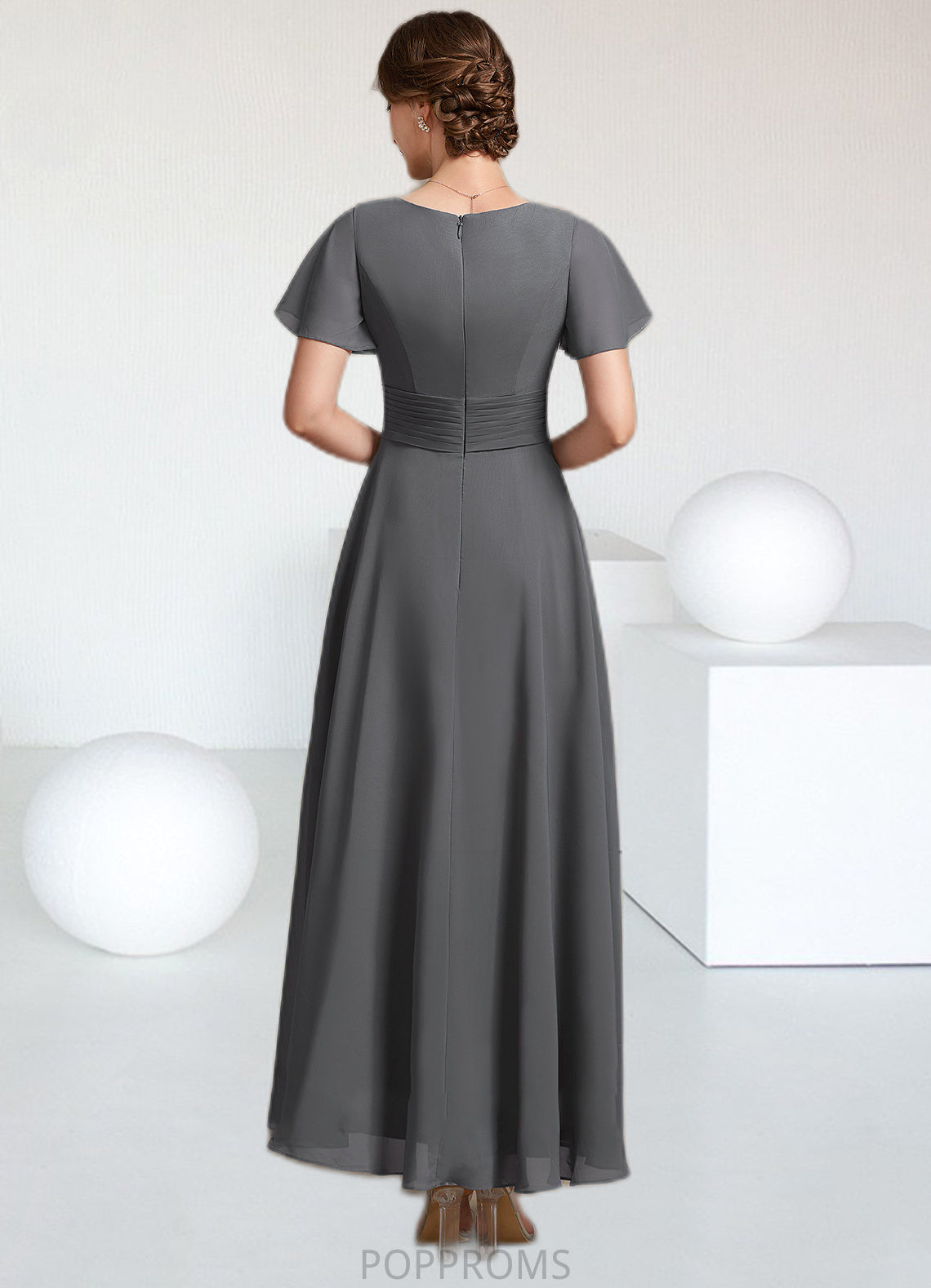 Adelaide A-Line V-neck Ankle-Length Chiffon Mother of the Bride Dress With Ruffle Beading PP6126P0014709