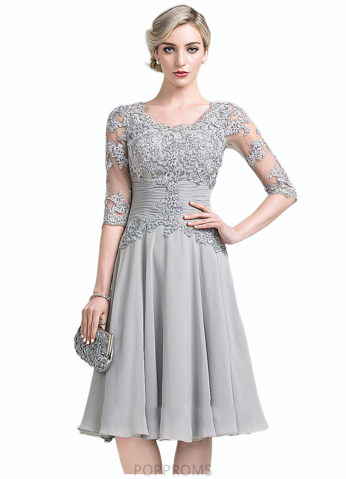 Sanaa A-Line Scoop Neck Knee-Length Chiffon Mother of the Bride Dress With Ruffle Appliques Lace PP6126P0014715