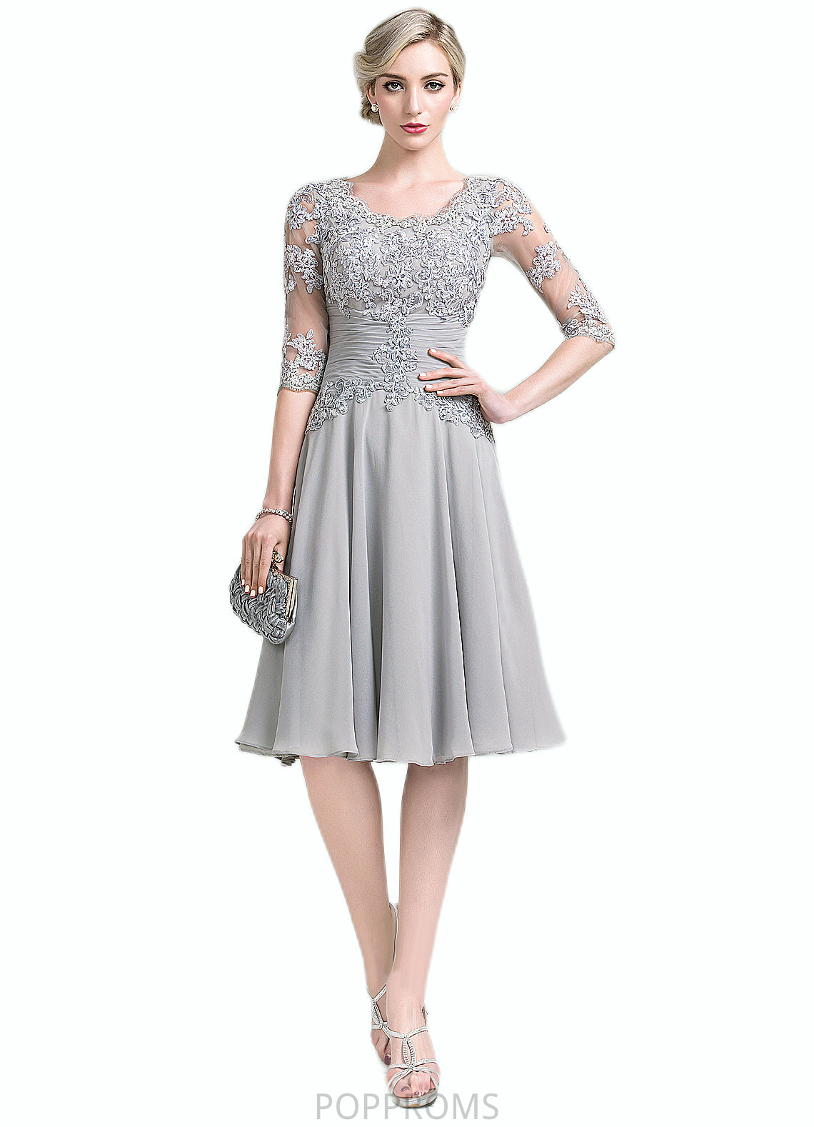 Sanaa A-Line Scoop Neck Knee-Length Chiffon Mother of the Bride Dress With Ruffle Appliques Lace PP6126P0014715