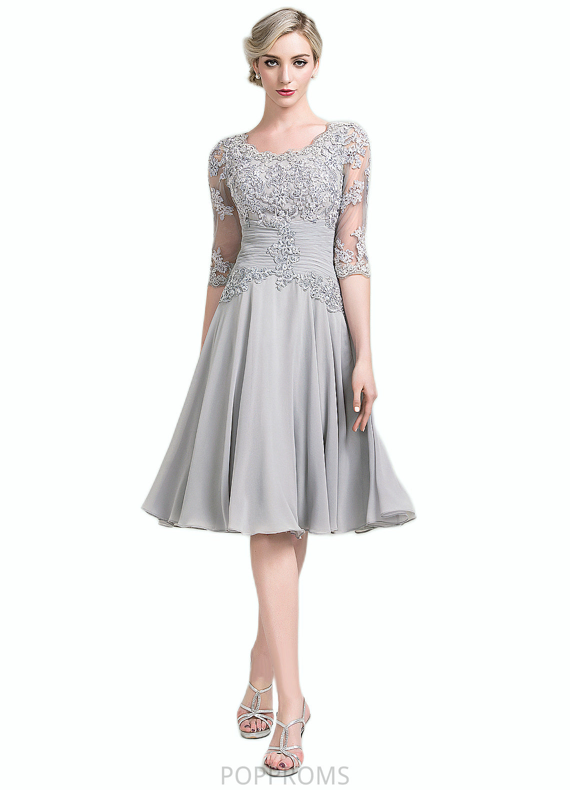 Sanaa A-Line Scoop Neck Knee-Length Chiffon Mother of the Bride Dress With Ruffle Appliques Lace PP6126P0014715