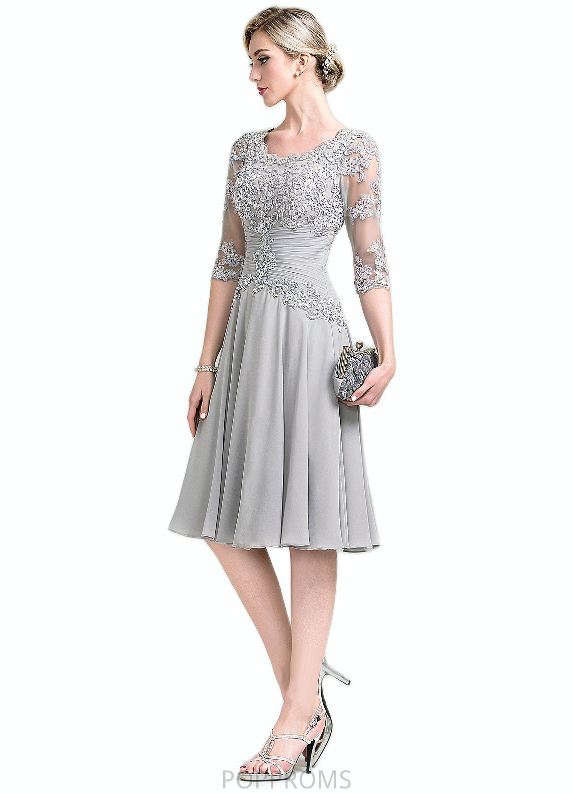 Sanaa A-Line Scoop Neck Knee-Length Chiffon Mother of the Bride Dress With Ruffle Appliques Lace PP6126P0014715