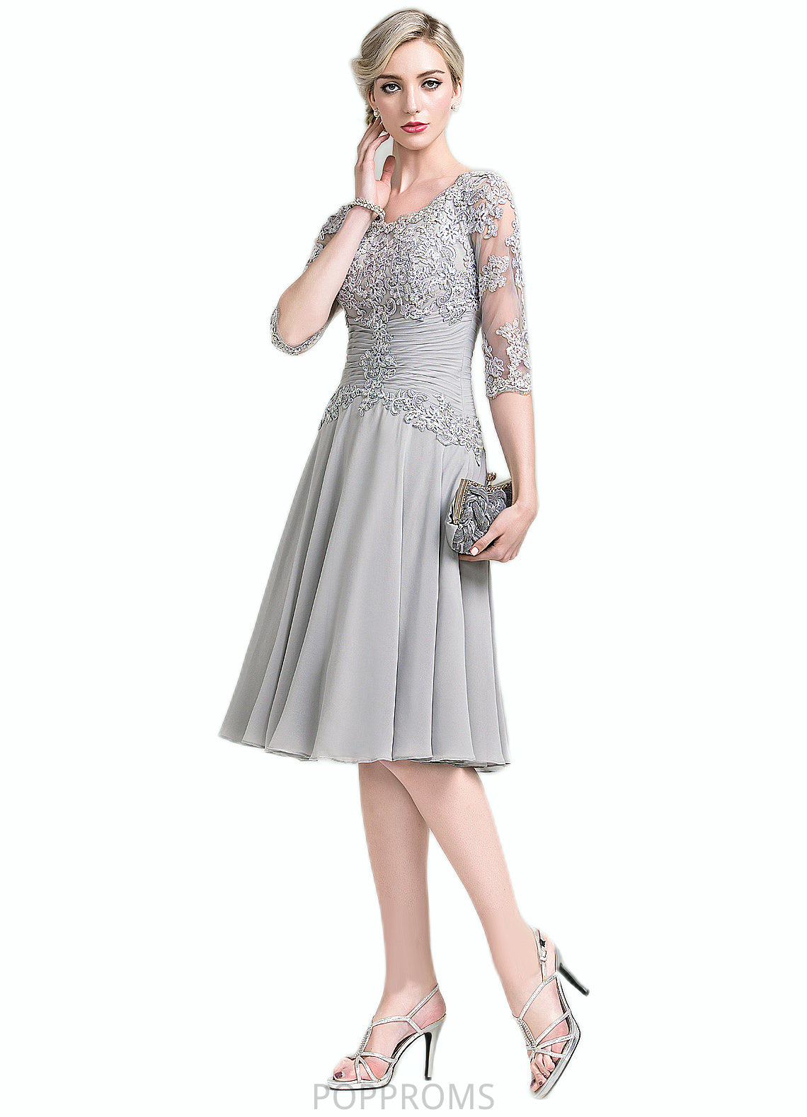 Sanaa A-Line Scoop Neck Knee-Length Chiffon Mother of the Bride Dress With Ruffle Appliques Lace PP6126P0014715