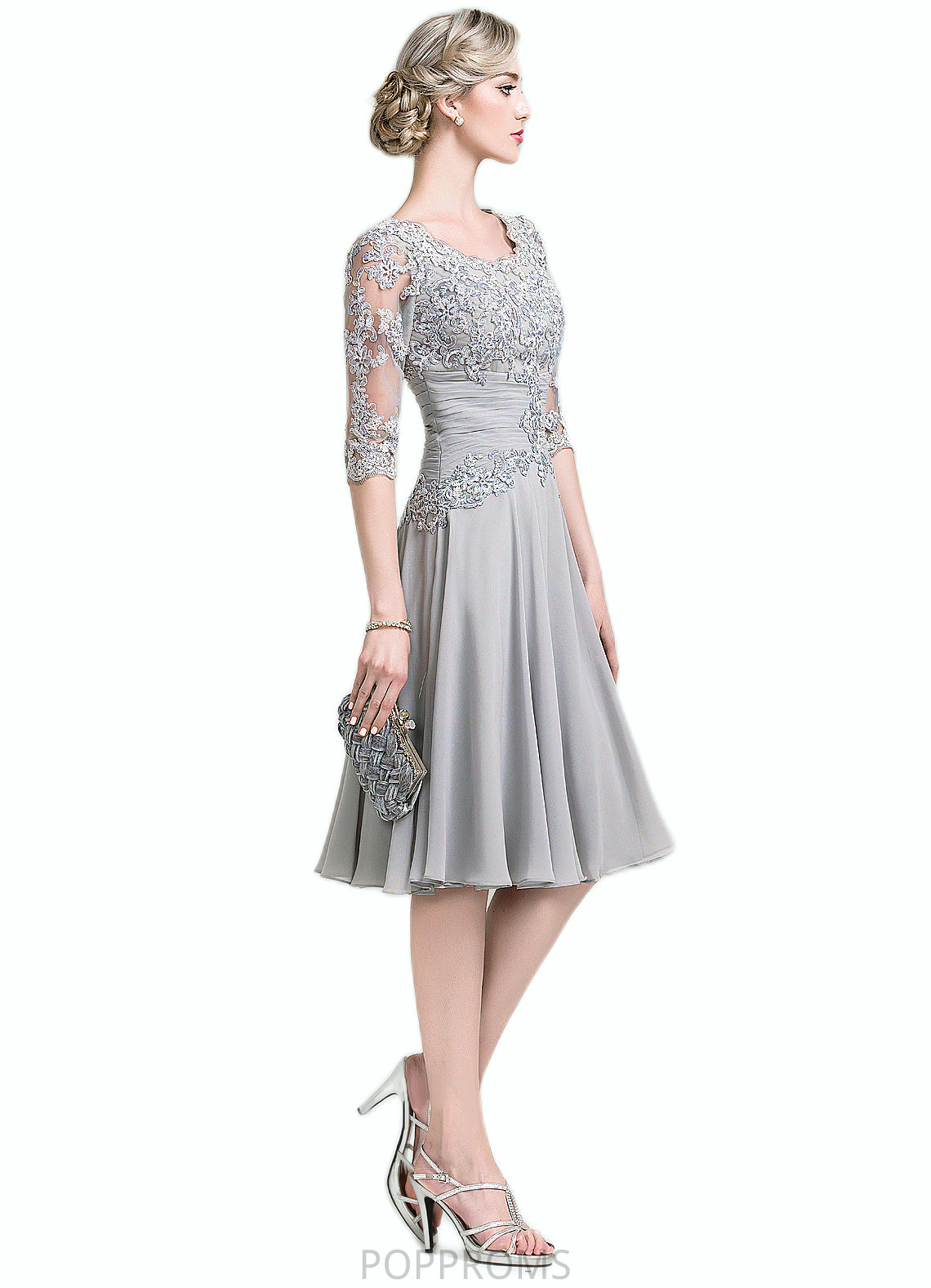 Sanaa A-Line Scoop Neck Knee-Length Chiffon Mother of the Bride Dress With Ruffle Appliques Lace PP6126P0014715