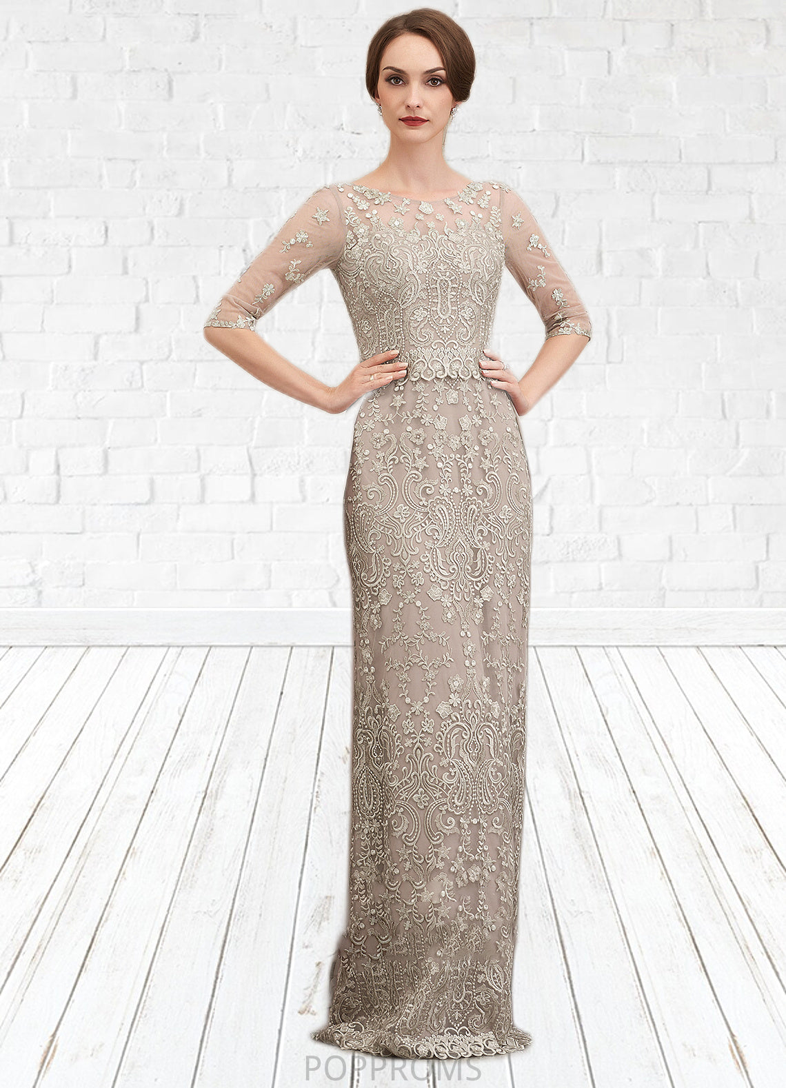 Kara Sheath/Column Scoop Neck Sweep Train Chiffon Lace Mother of the Bride Dress PP6126P0014716