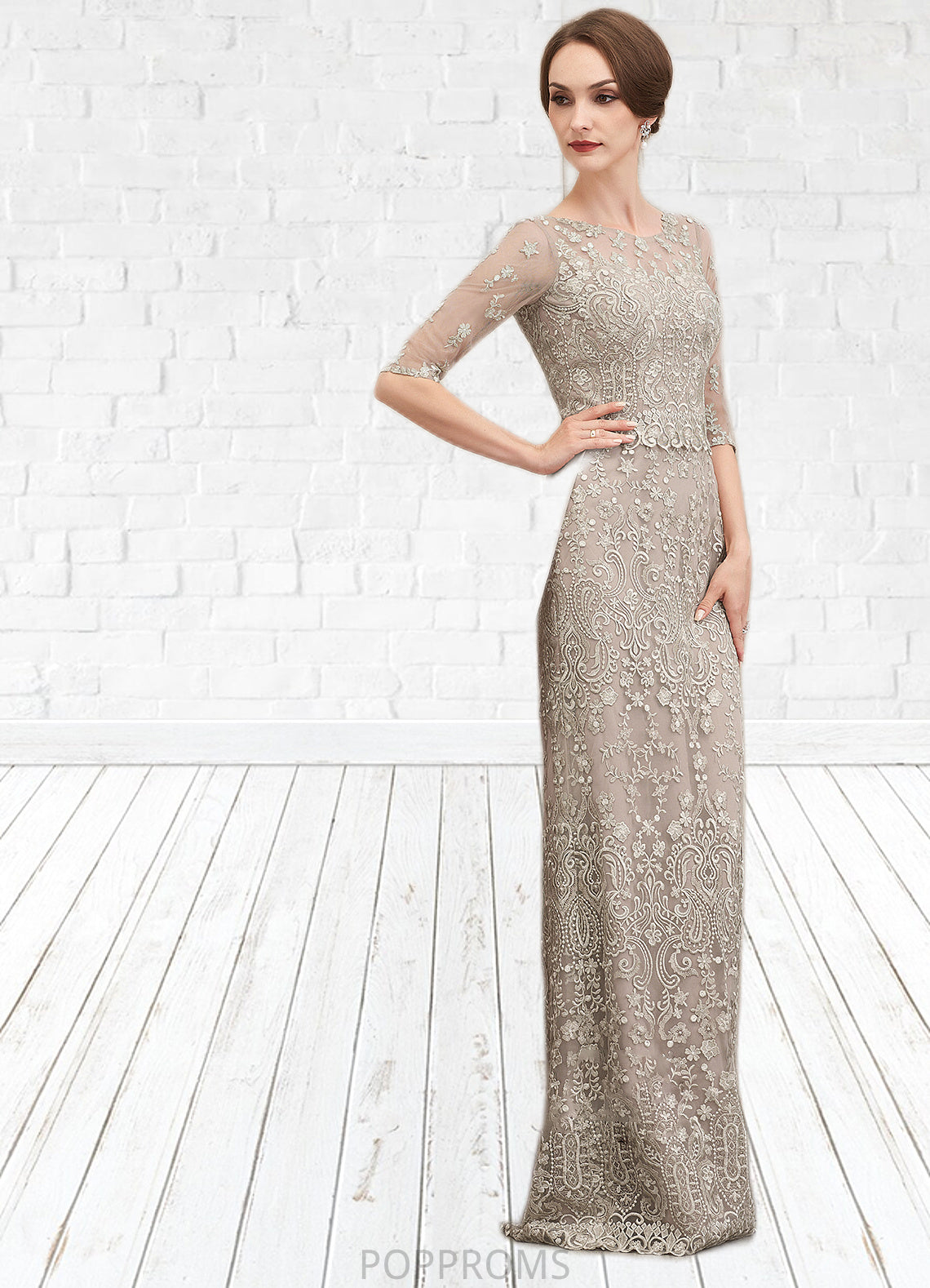 Kara Sheath/Column Scoop Neck Sweep Train Chiffon Lace Mother of the Bride Dress PP6126P0014716