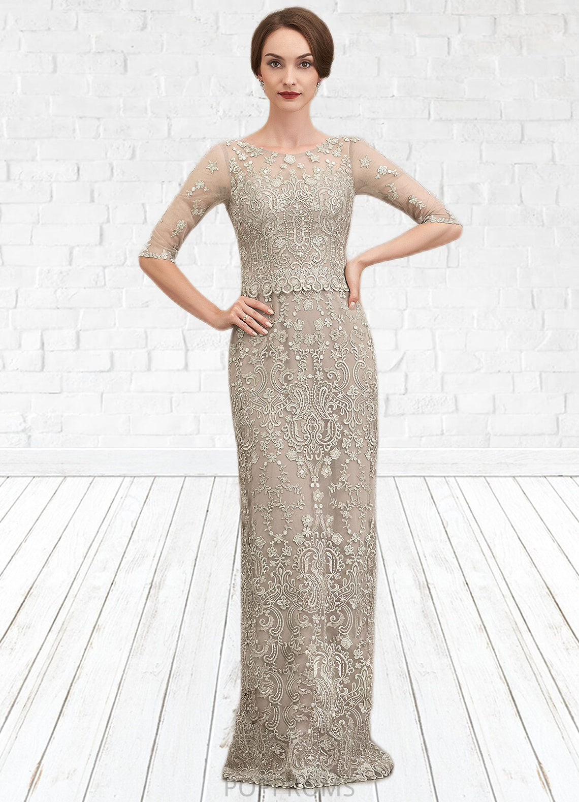 Kara Sheath/Column Scoop Neck Sweep Train Chiffon Lace Mother of the Bride Dress PP6126P0014716