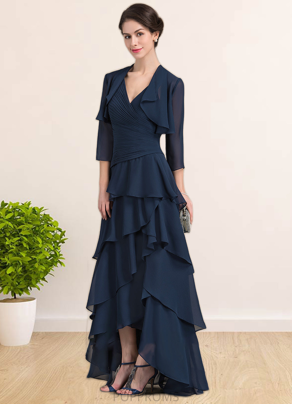 Naomi A-Line V-neck Asymmetrical Chiffon Mother of the Bride Dress With Beading Sequins Cascading Ruffles PP6126P0014733