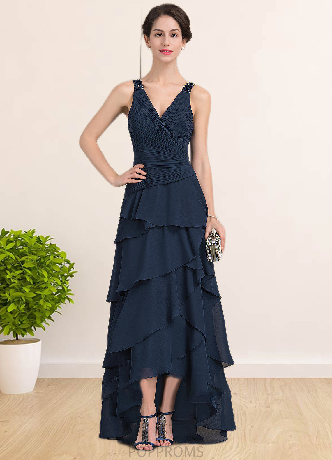 Naomi A-Line V-neck Asymmetrical Chiffon Mother of the Bride Dress With Beading Sequins Cascading Ruffles PP6126P0014733