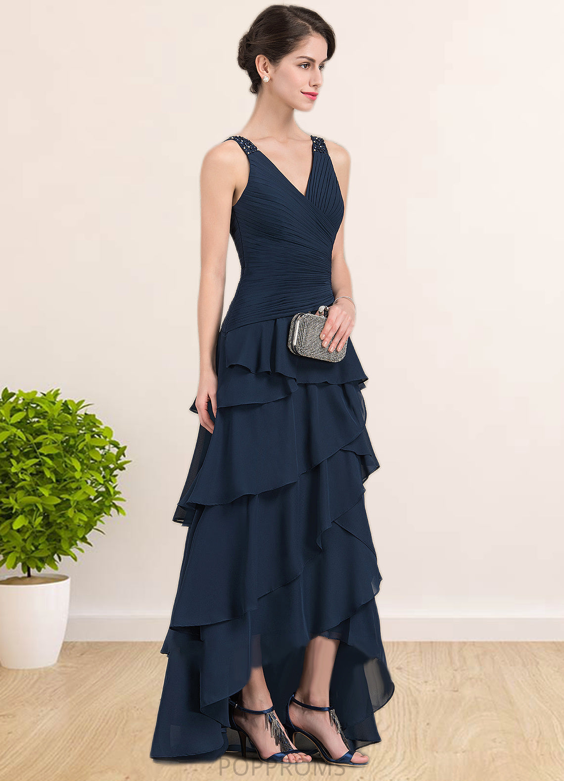 Naomi A-Line V-neck Asymmetrical Chiffon Mother of the Bride Dress With Beading Sequins Cascading Ruffles PP6126P0014733