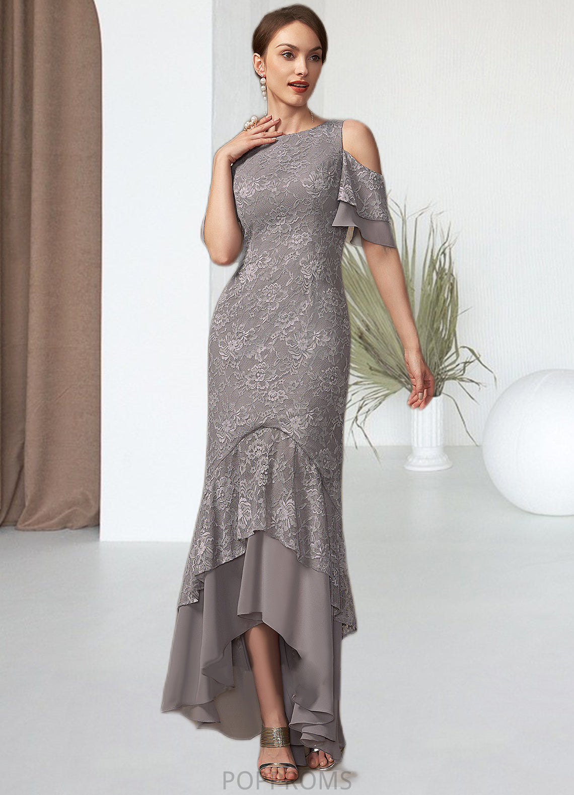 Bella Trumpet/Mermaid Scoop Neck Asymmetrical Chiffon Lace Mother of the Bride Dress With Cascading Ruffles PP6126P0014734