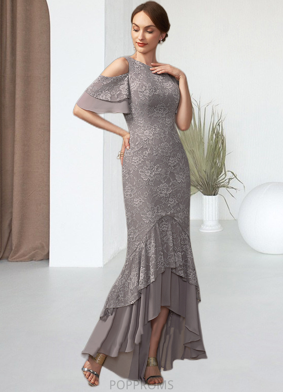 Bella Trumpet/Mermaid Scoop Neck Asymmetrical Chiffon Lace Mother of the Bride Dress With Cascading Ruffles PP6126P0014734