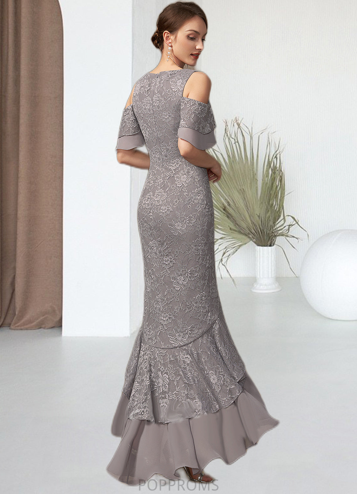 Bella Trumpet/Mermaid Scoop Neck Asymmetrical Chiffon Lace Mother of the Bride Dress With Cascading Ruffles PP6126P0014734