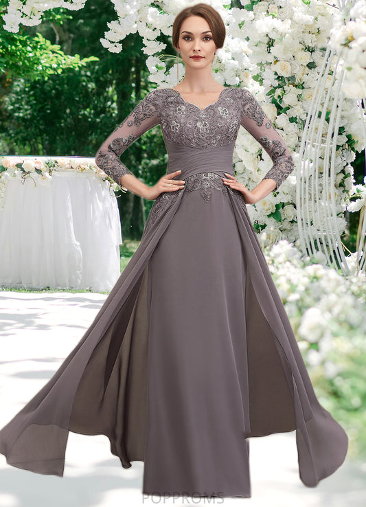 Madge A-Line V-neck Floor-Length Chiffon Lace Mother of the Bride Dress With Ruffle PP6126P0014735