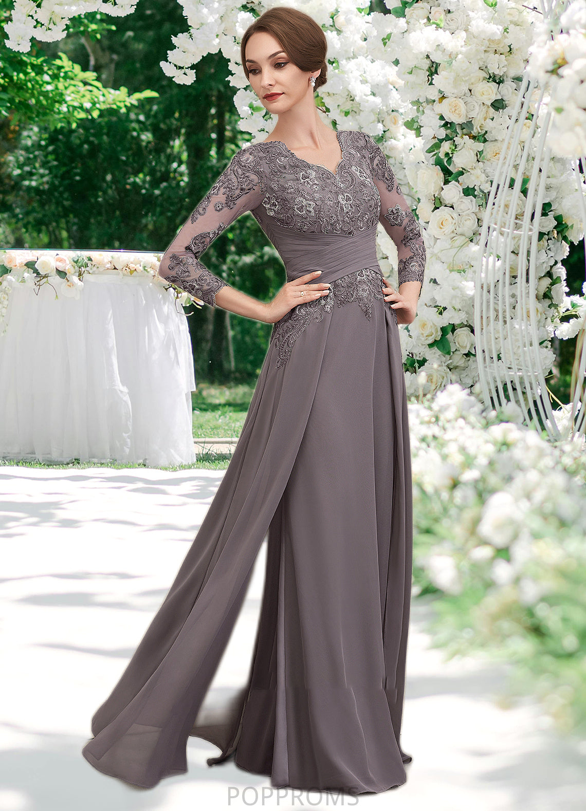 Madge A-Line V-neck Floor-Length Chiffon Lace Mother of the Bride Dress With Ruffle PP6126P0014735