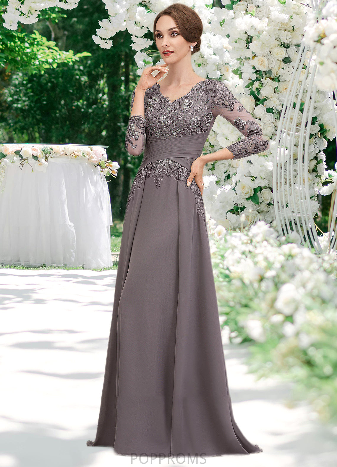 Madge A-Line V-neck Floor-Length Chiffon Lace Mother of the Bride Dress With Ruffle PP6126P0014735