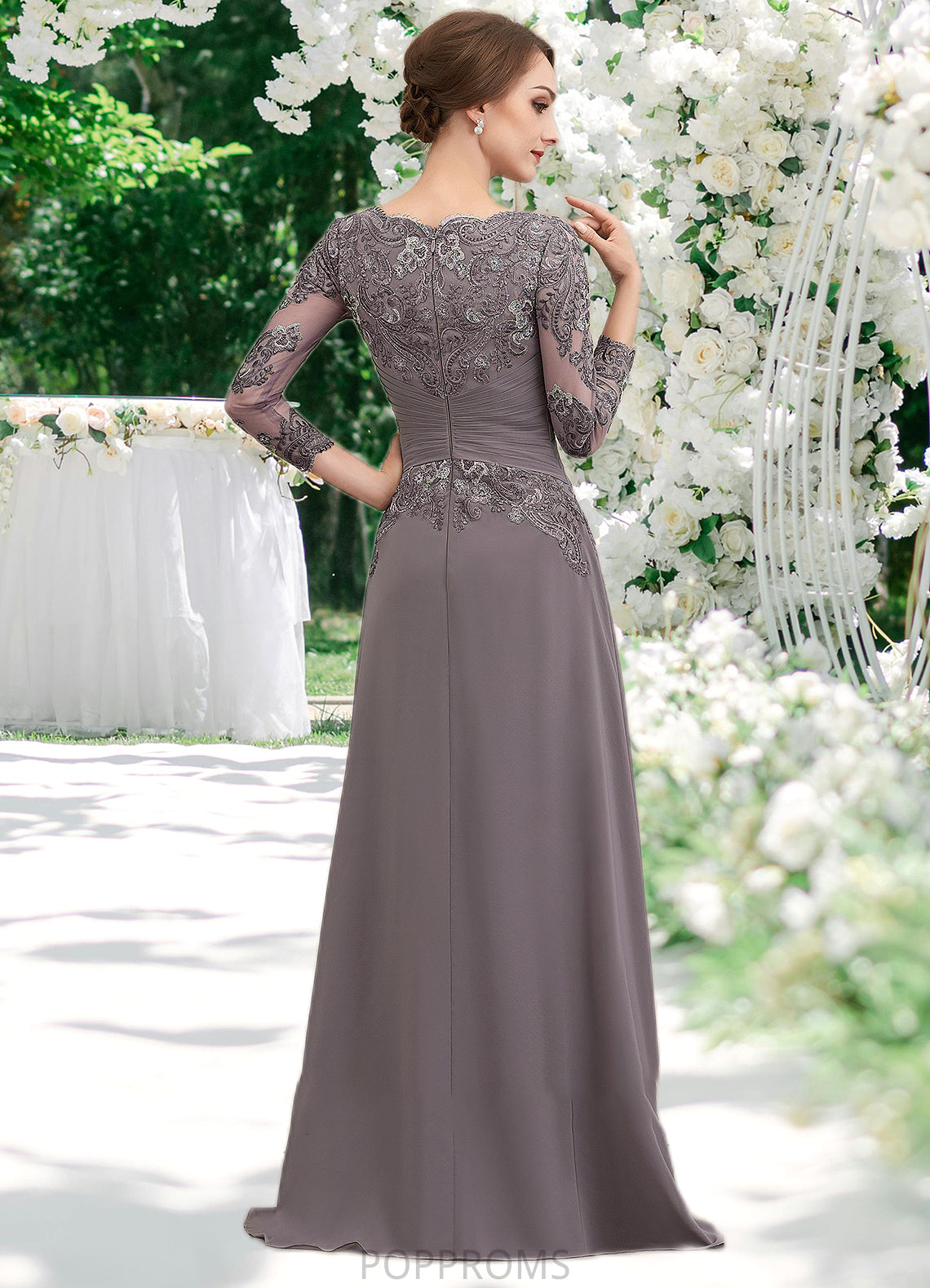 Madge A-Line V-neck Floor-Length Chiffon Lace Mother of the Bride Dress With Ruffle PP6126P0014735