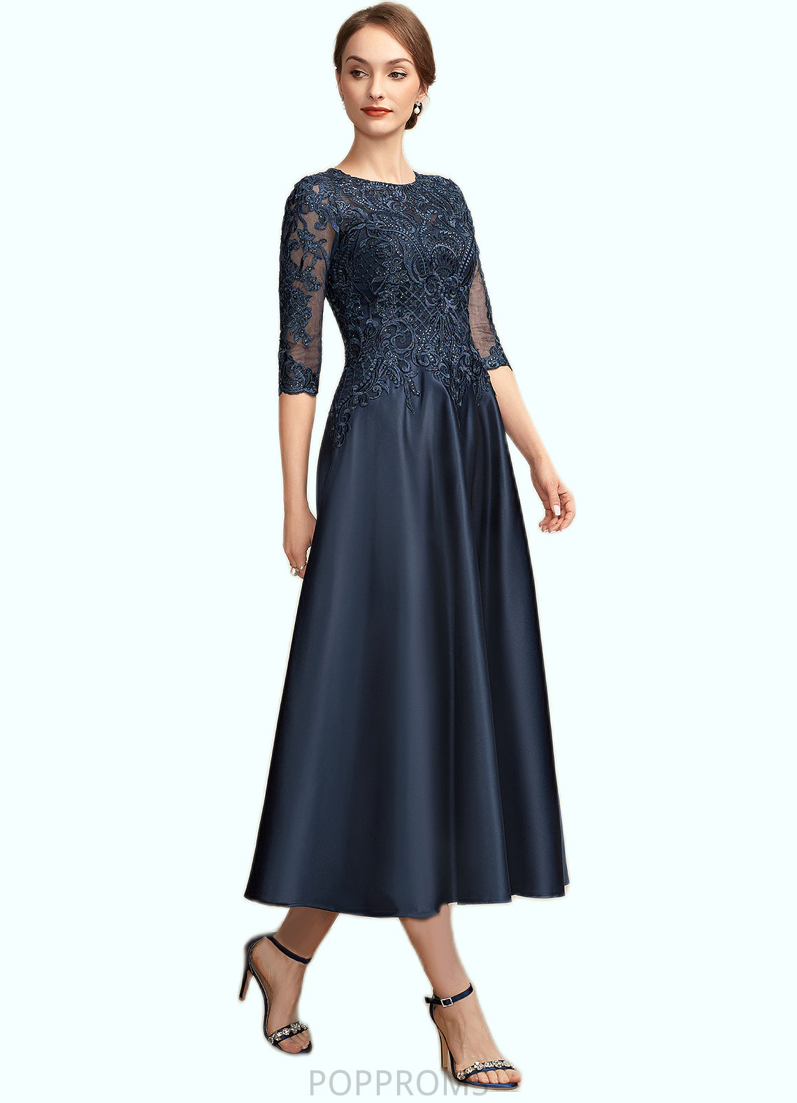 Liliana A-Line Scoop Neck Tea-Length Satin Lace Mother of the Bride Dress With Sequins PP6126P0014736