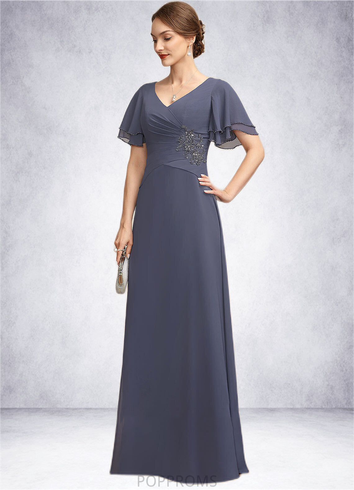 Raelynn A-Line V-neck Floor-Length Chiffon Mother of the Bride Dress With Ruffle Beading PP6126P0014737