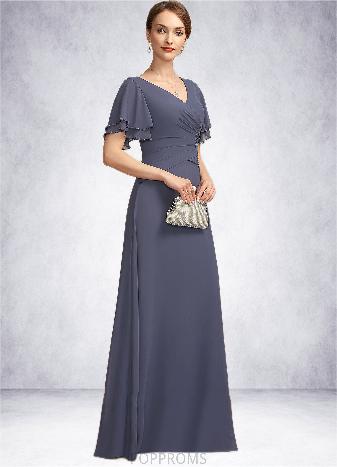 Raelynn A-Line V-neck Floor-Length Chiffon Mother of the Bride Dress With Ruffle Beading PP6126P0014737