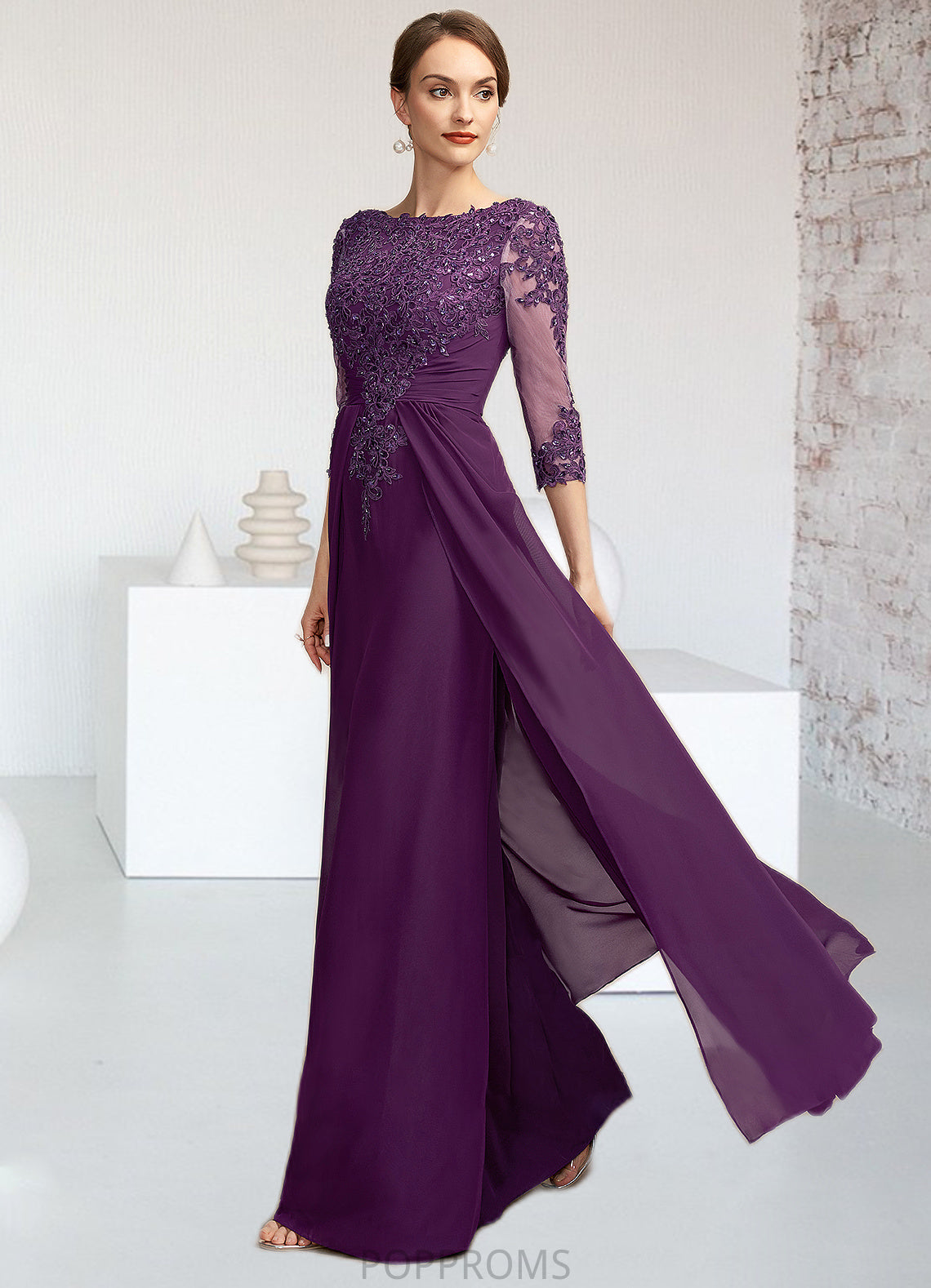 Barbara A-Line Scoop Neck Floor-Length Chiffon Lace Mother of the Bride Dress With Beading Sequins PP6126P0014738