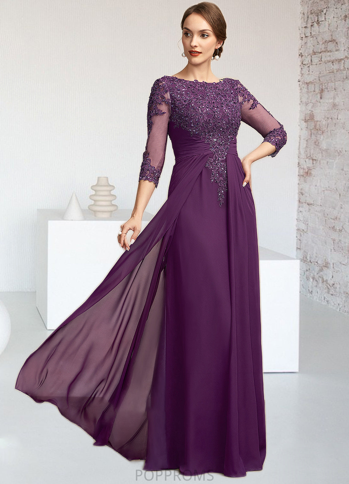 Barbara A-Line Scoop Neck Floor-Length Chiffon Lace Mother of the Bride Dress With Beading Sequins PP6126P0014738