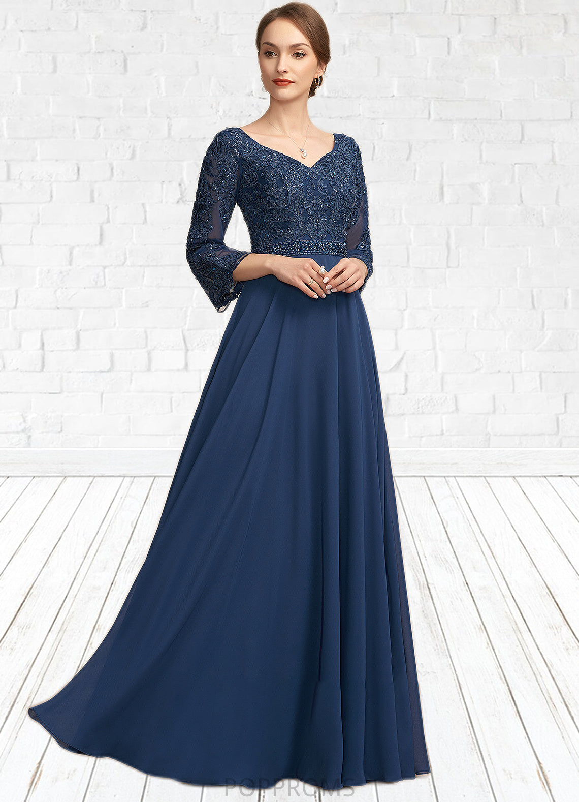 Ruby A-Line V-neck Floor-Length Chiffon Lace Mother of the Bride Dress With Beading Sequins PP6126P0014739