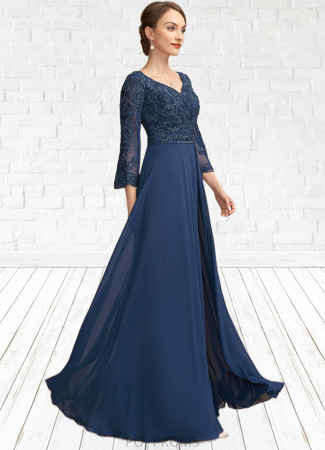 Ruby A-Line V-neck Floor-Length Chiffon Lace Mother of the Bride Dress With Beading Sequins PP6126P0014739