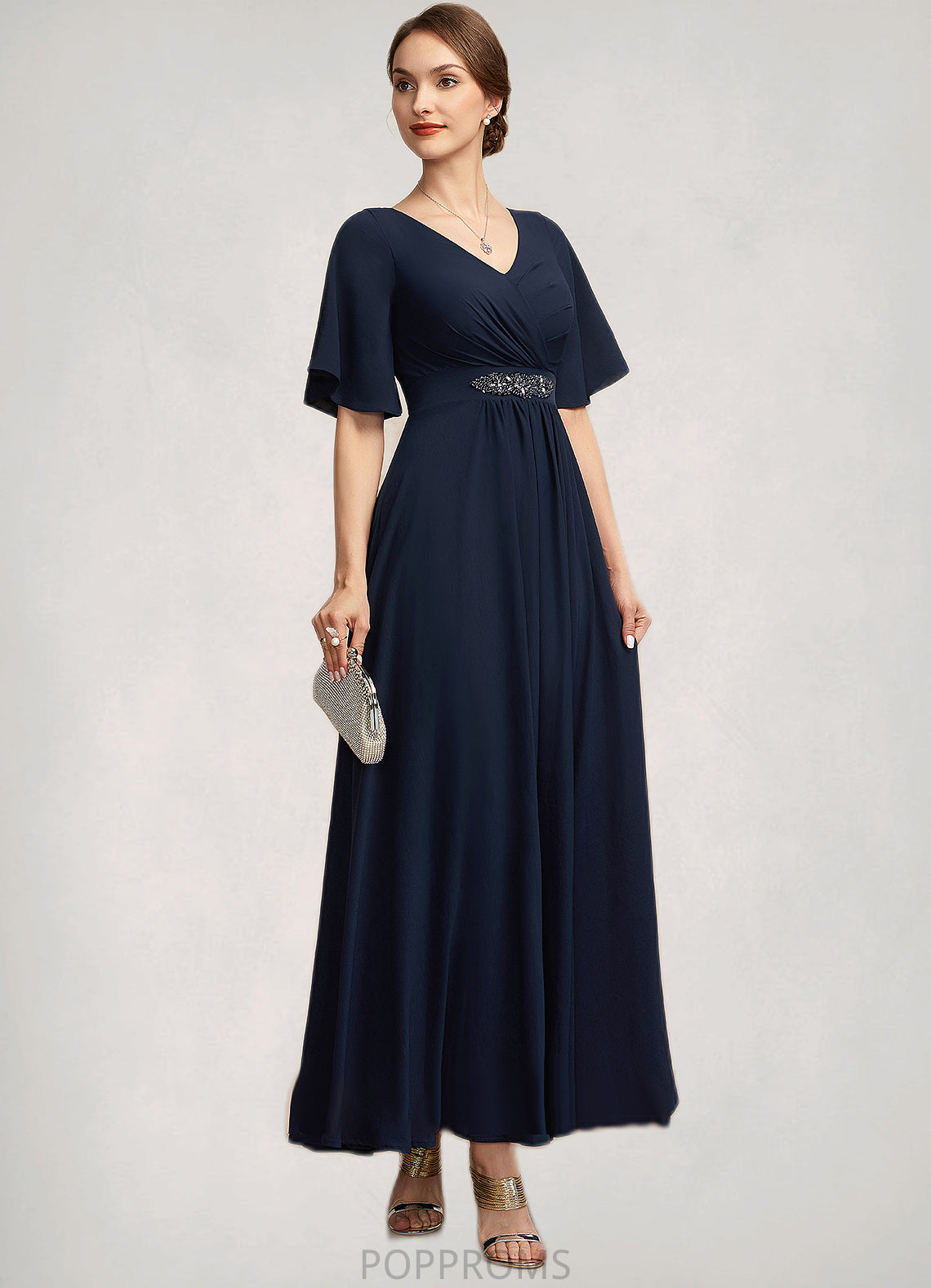 Olive A-Line V-neck Ankle-Length Mother of the Bride Dress With Ruffle PP6126P0014742