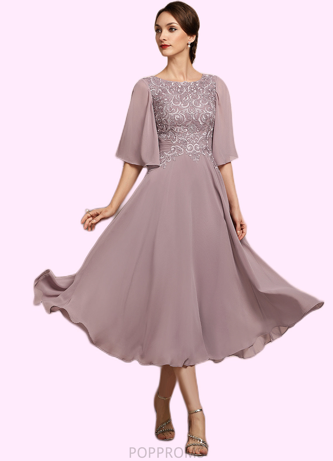 Katie A-Line Scoop Neck Tea-Length Chiffon Lace Mother of the Bride Dress PP6126P0014743