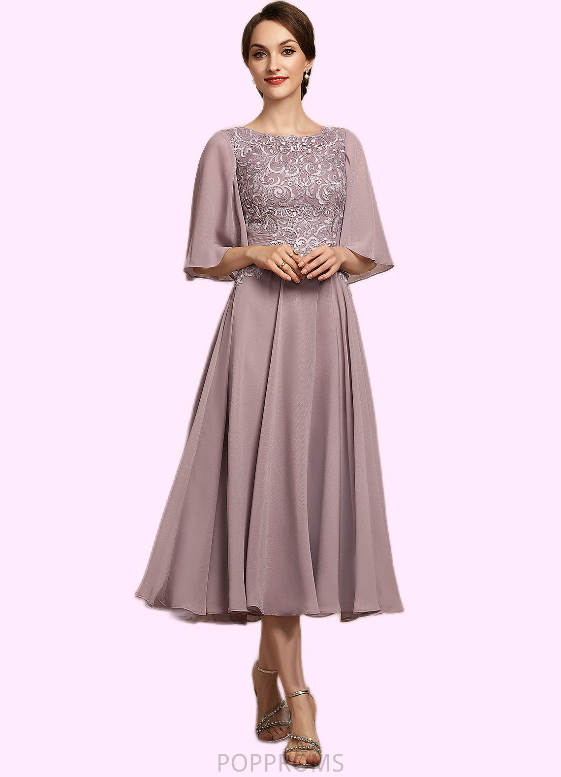 Katie A-Line Scoop Neck Tea-Length Chiffon Lace Mother of the Bride Dress PP6126P0014743