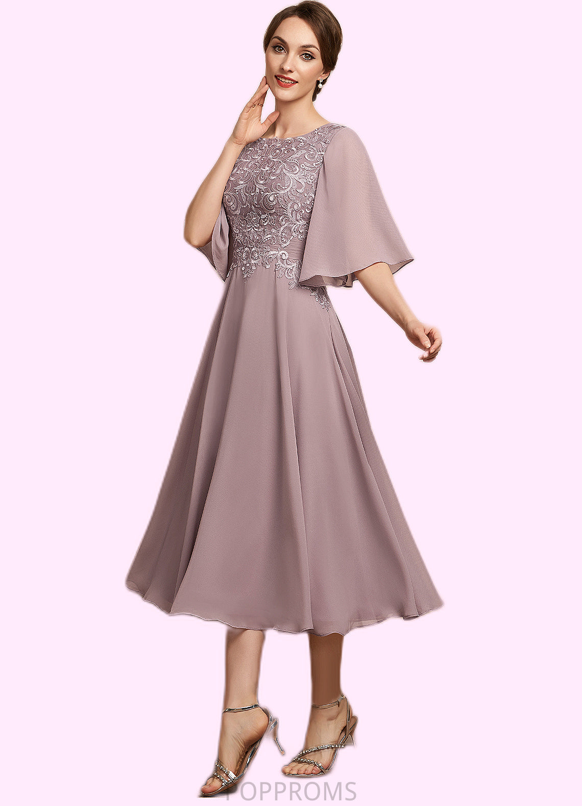 Katie A-Line Scoop Neck Tea-Length Chiffon Lace Mother of the Bride Dress PP6126P0014743