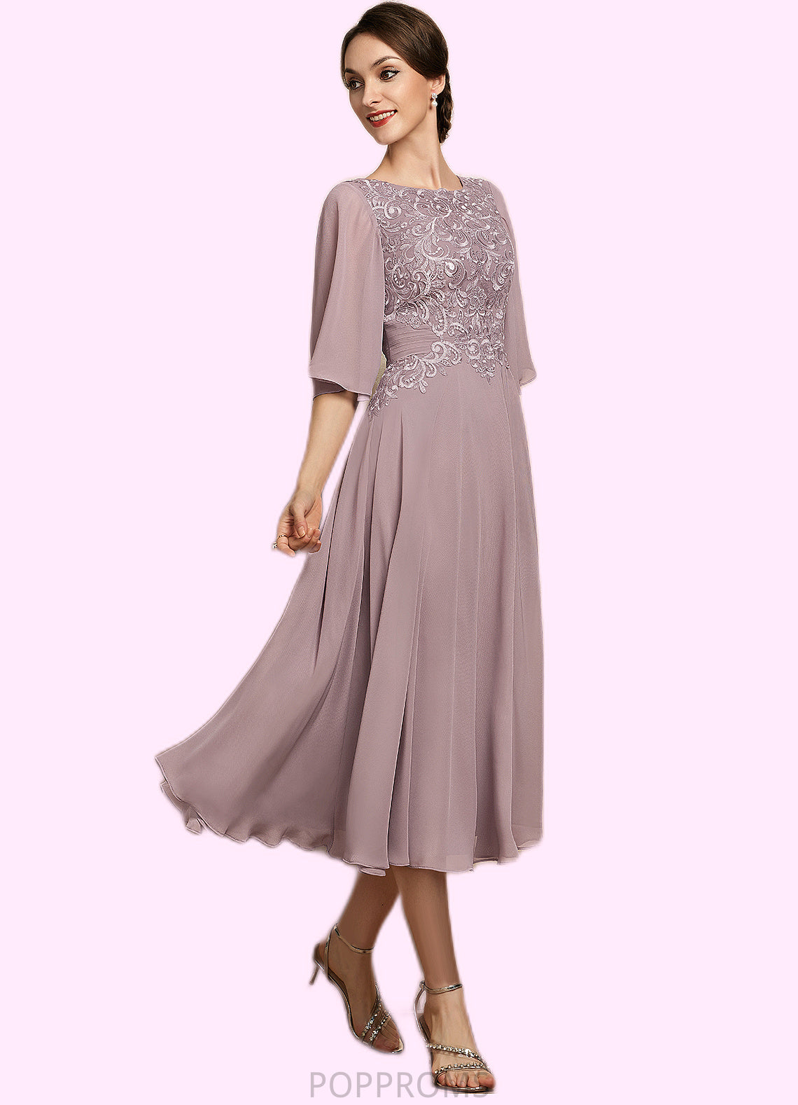 Katie A-Line Scoop Neck Tea-Length Chiffon Lace Mother of the Bride Dress PP6126P0014743