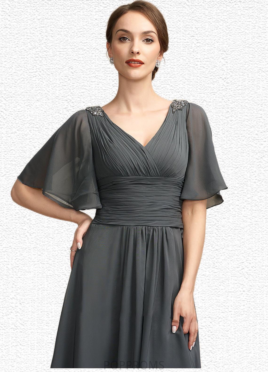 Alexa A-Line V-neck Asymmetrical Chiffon Mother of the Bride Dress With Ruffle Beading PP6126P0014744